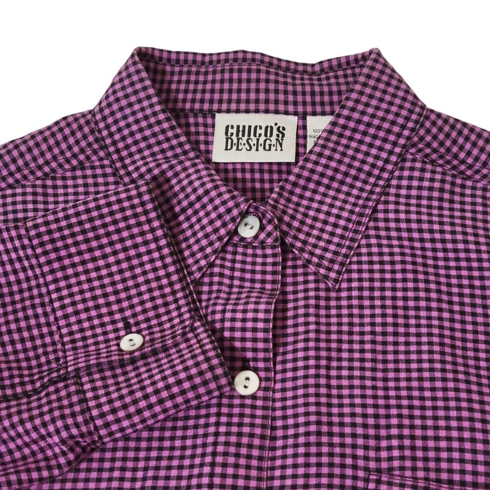 Chicos Design Purple Black Checked Gingham100% Silk Button-Up Shirt Sz 1 M